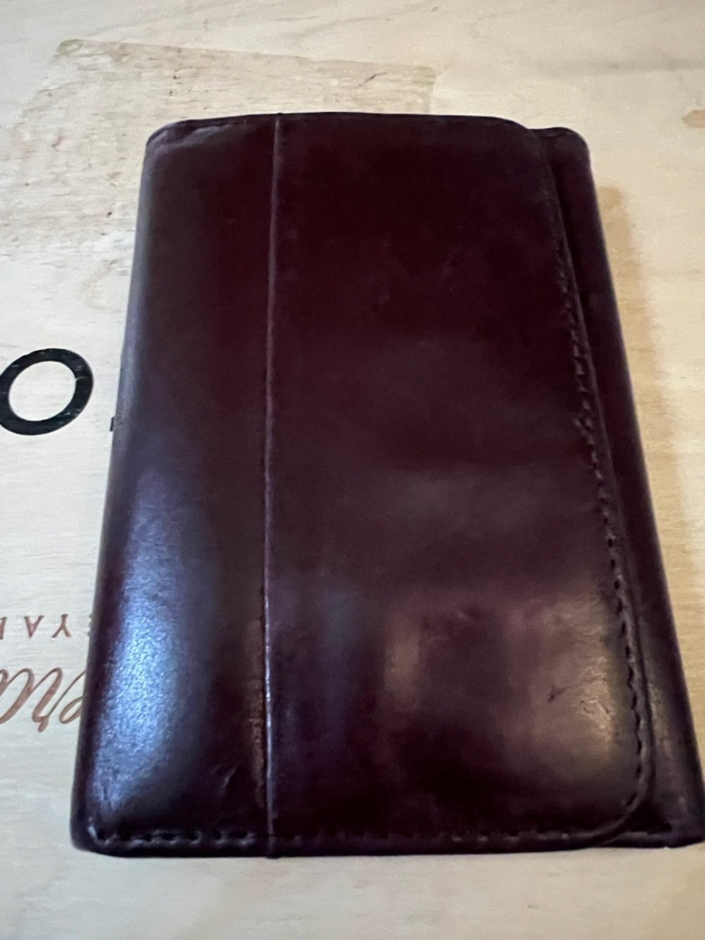 HOBO Burgundy Leather Tri-Fold Wallet with Patterned ID Window